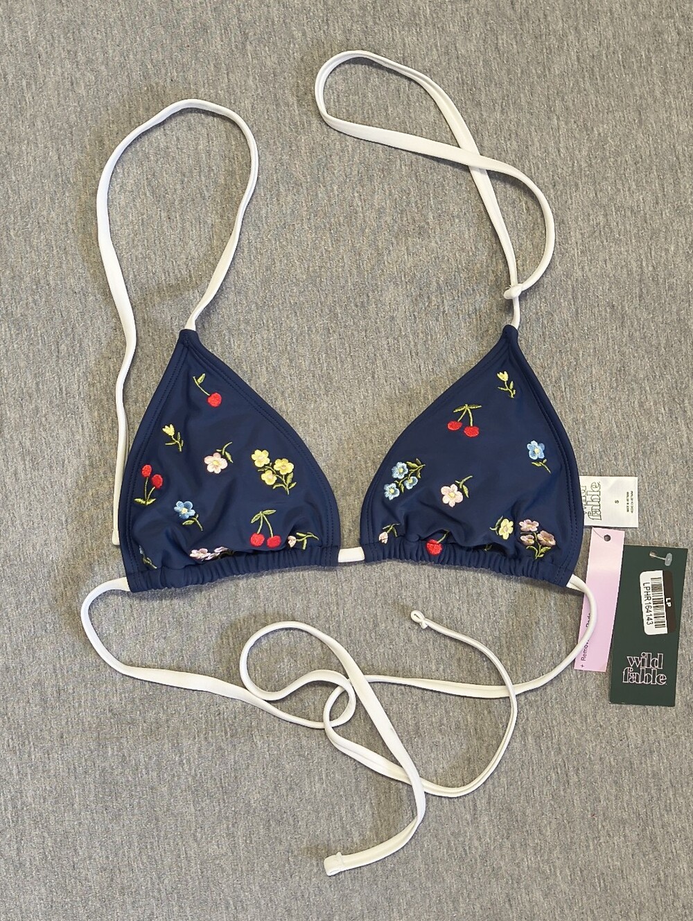 Wild Fable Embroidered Cherry & Flower Triangle Bikini Top – Navy Blue S NWT